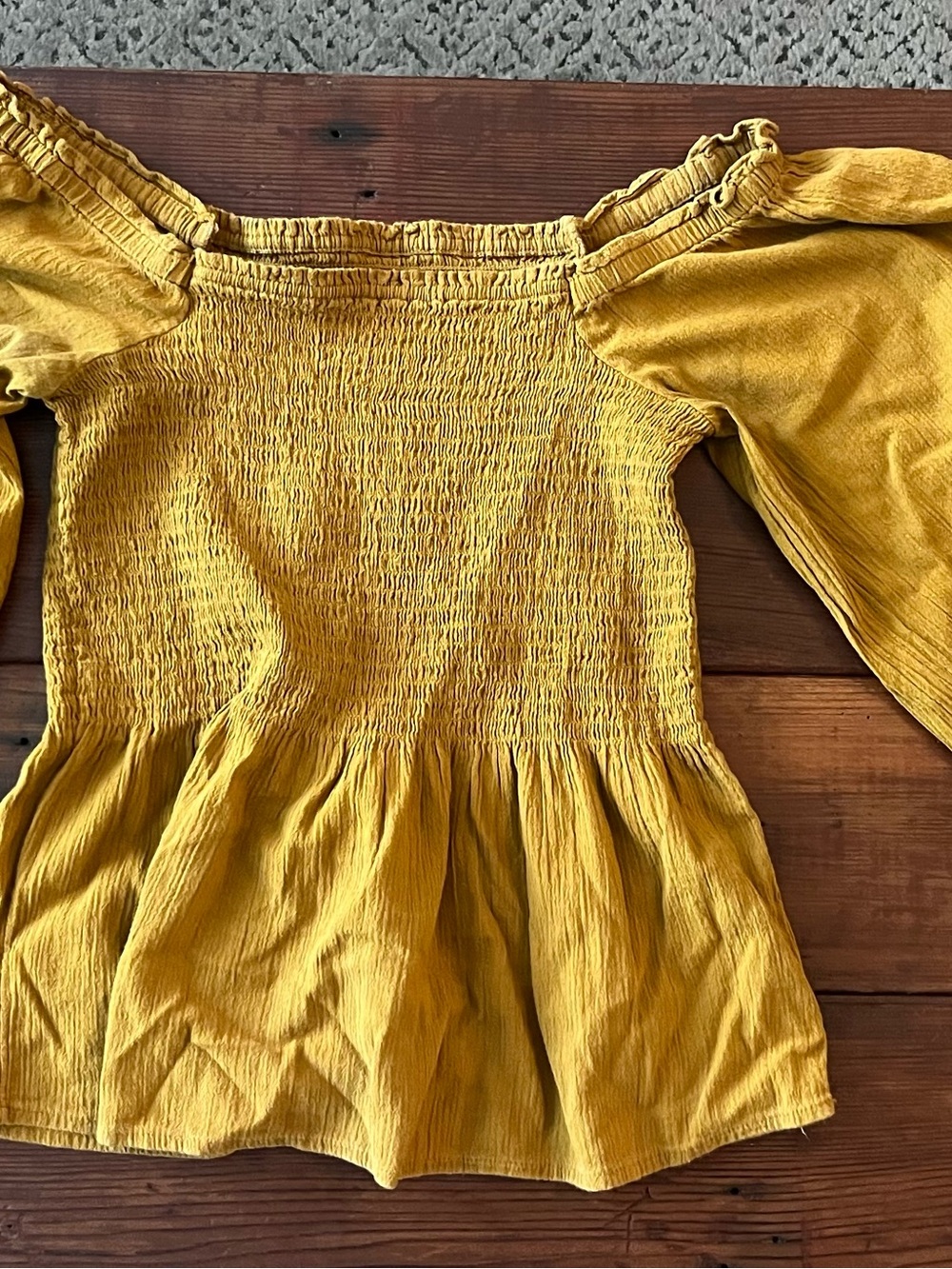 Madewell Mustard Yellow Smocked Off-Shoulder Peplum Top